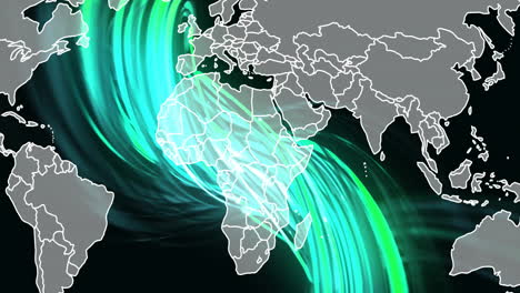 animación de senderos de luz verde y mapa del mundo sobre fondo negro