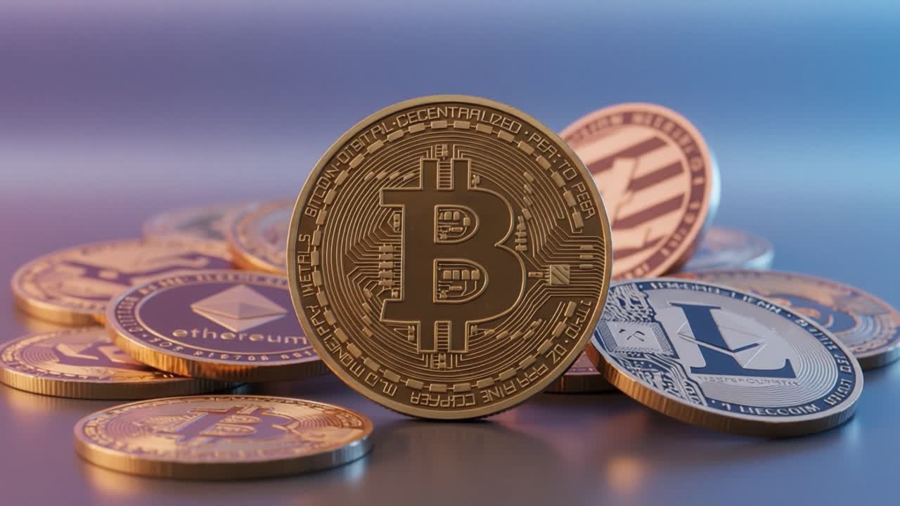A Detailed View of Cryptocurrency Coins Including Bitcoin, Ethereum, and Litecoin Showcased Against a Soft Color Gradient Background