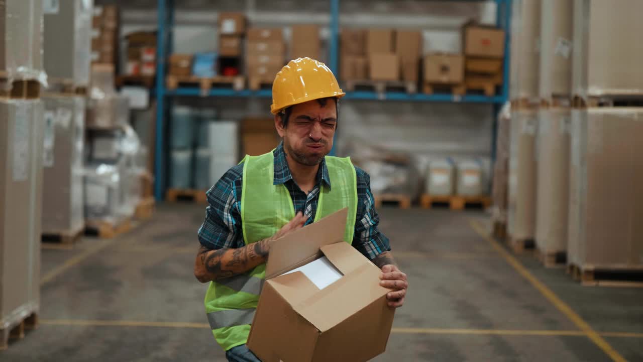 trabajador agotado del almacén que tiene un ataque al corazón en el almacén cae, dolor en el pecho. el viejo trabajador del almacèn da primeros auxilios a su colega tendido en el suelo