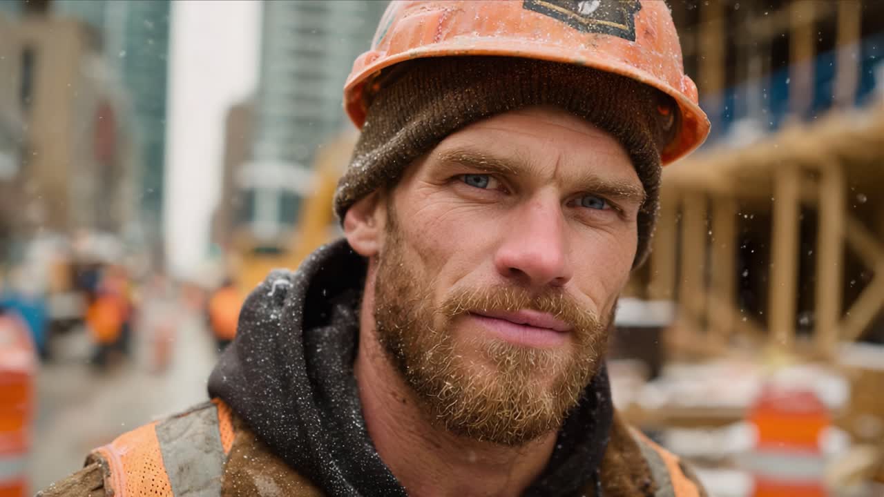 A Close-Up Portrait of a Determined Construction Worker Amidst an Urban Building Site Capturing the Grit and Resilience of Labor in Challenging Conditions