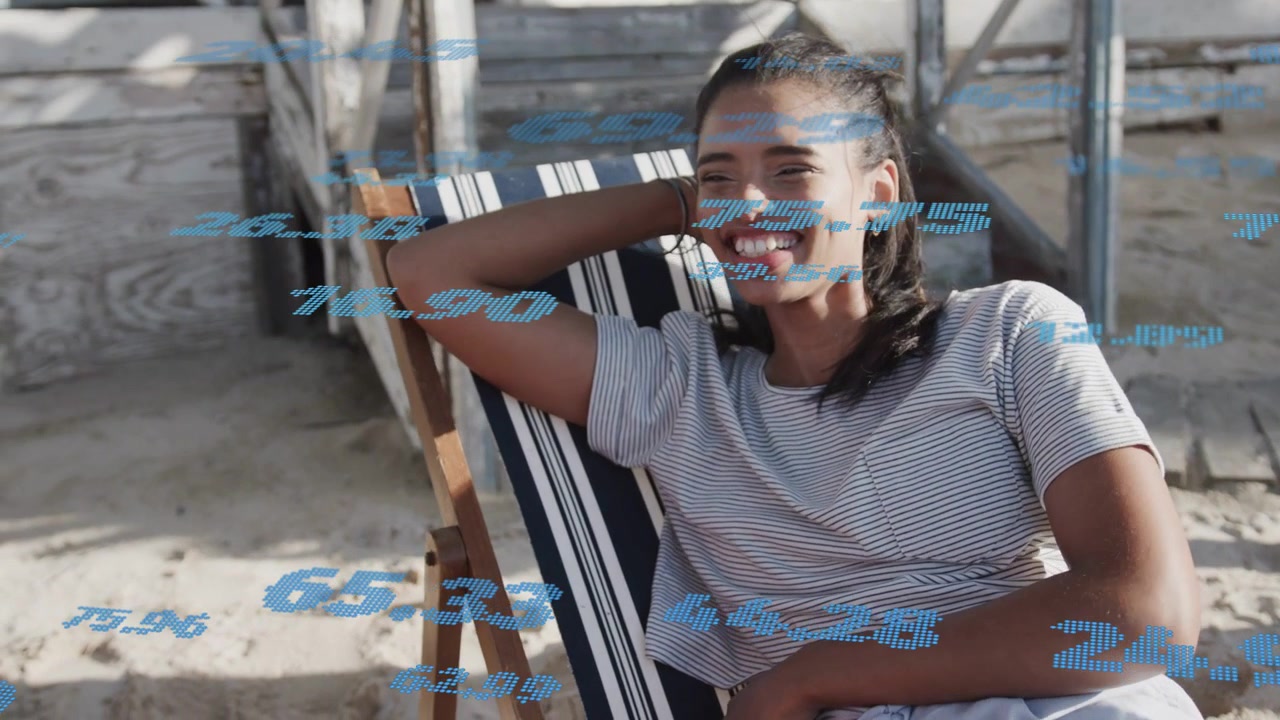 Man leaning whispering sharing moment as woman laughing centering on sand blue digits sweeping ads