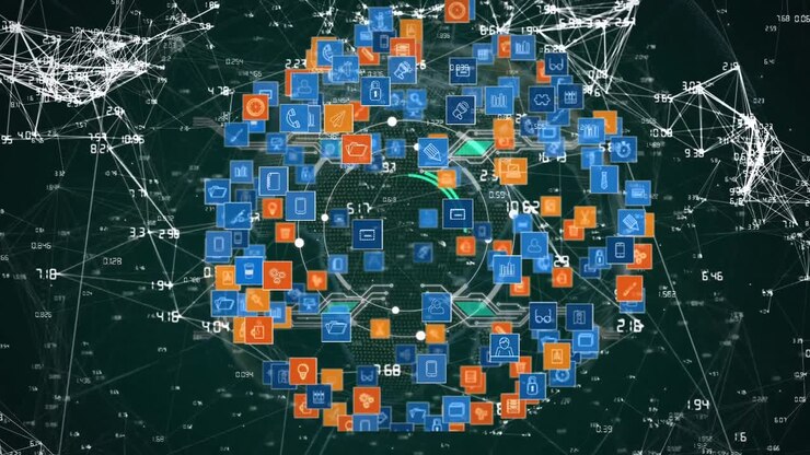 Animation of network of connections with icons and data processing