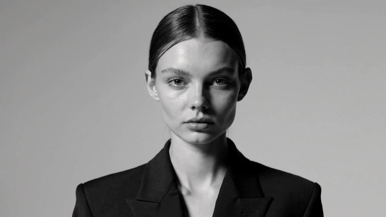 Câmera em movimento capturando mulher de blazer escuro em pose neutra para um enquadramento mais fechado, com fundo cinza.