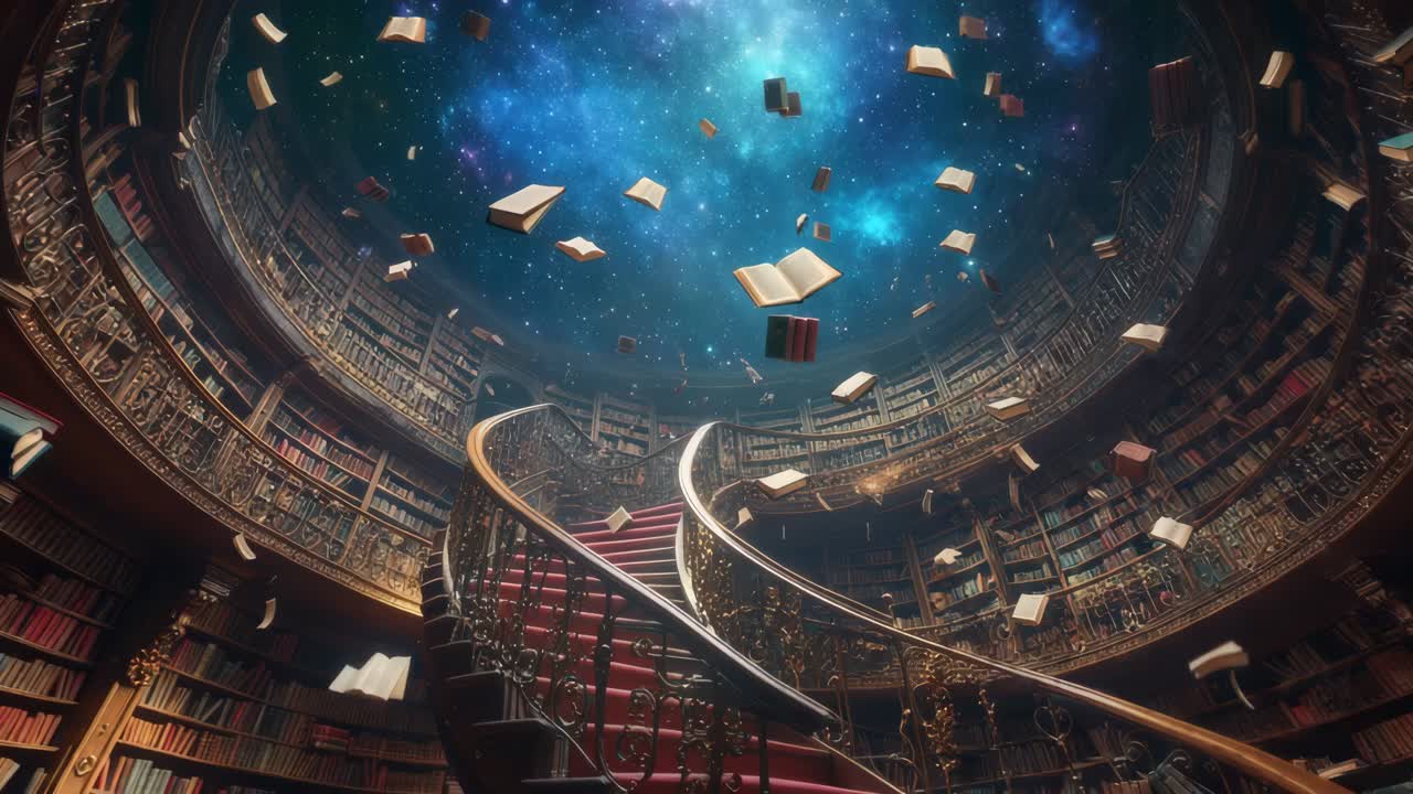 별빛 하늘 아래에 날아다니는 책으로 가득 찬 마법의 나선형 계단 도서관