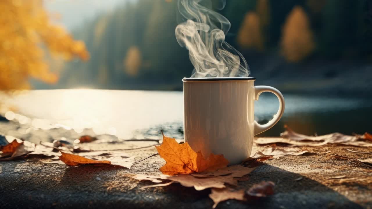 A steaming mug on a leaf-covered table by a lake, captured in a low-angle shot