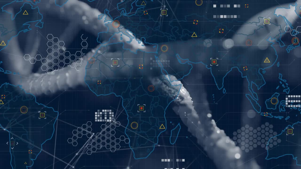 On playback start, double helix rotating, network lines extending, icons pulsing visualizing data