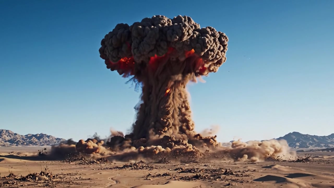 Fesselnde Explosion in einer Wüstenlandschaft: Eine dramatische Sequenz, die einen gewaltigen Ausbruch und eine mächtige Pilzwolke vor klarem Himmel zeigt.