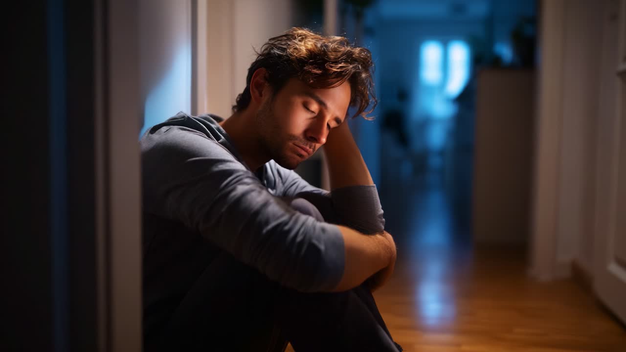 A contemplative moment captured in a dimly lit hallway, revealing deep emotions and introspection as a young man reflects on his thoughts and feelings in solitude