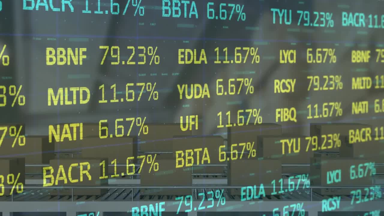 Animation of financial data processing over cardboard boxes on conveyor belts in background