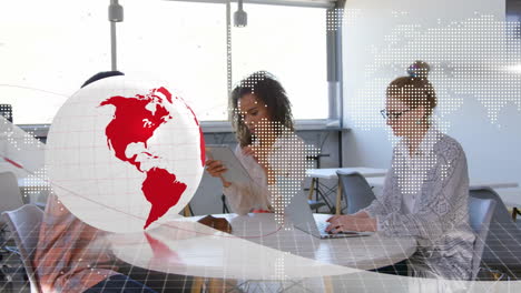 at table, business professionals working with digital world map animation overlay