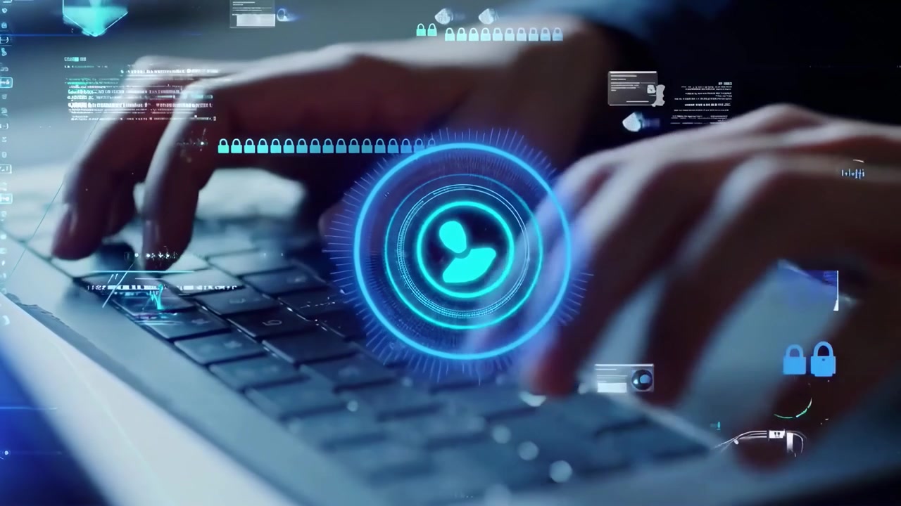 Person Typing on Laptop with Digital Security Interface