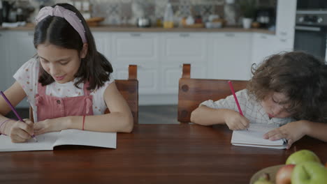 children doing homework at kitchen table