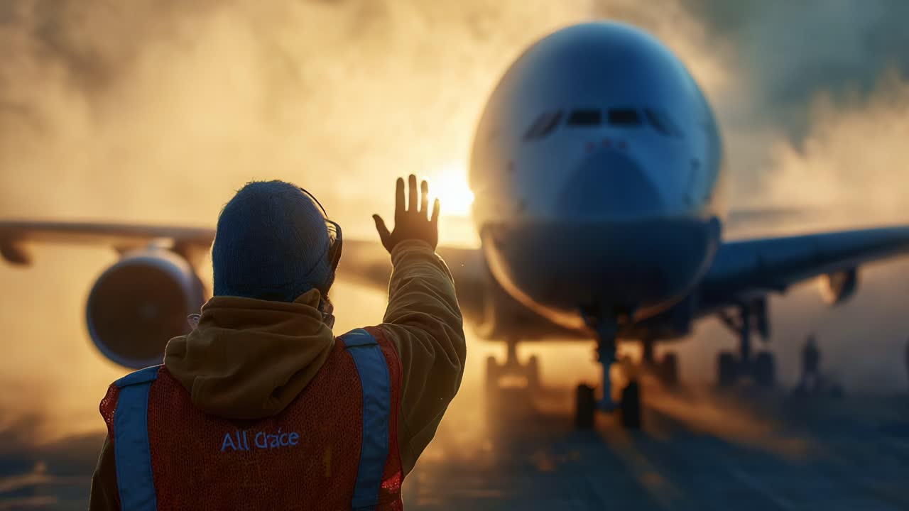 A Ground Crew Member Waves Goodbye to an Airplane Departing into a Beautiful Sunrise, Surrounded by Mist and Fog, Symbolizing Transition and New Beginnings in Aviation