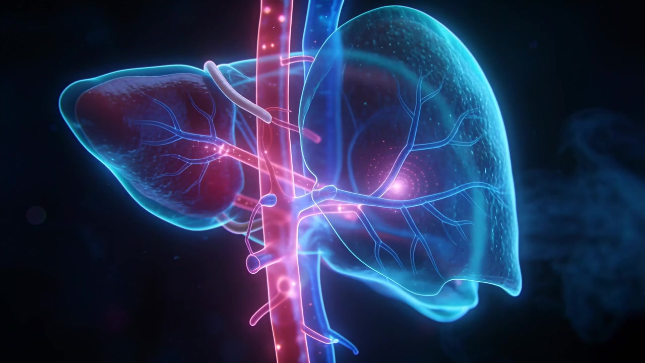 Camera orbiting liver model in CG, revealing gallbladder and vessels, mapping flow paths