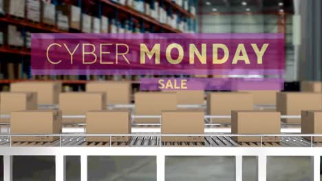 Animación-Del-Texto-De-Venta-Del-Cyber-Monday-Sobre-Cajas-De-Cartón-En-Cintas-Transportadoras.