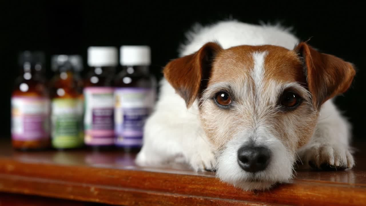 A Concerned Dog Observing Health Supplements on a Wooden Surface, Radiating Curiosity and Love for Its Owner's Well-being
