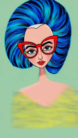 stylized portrait of a person with white hair, beard, and red glasses