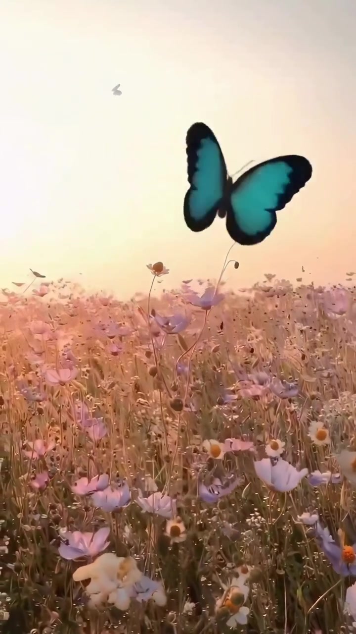 Farfalle in volo sopra un campo sereno di fiori rosa e viola