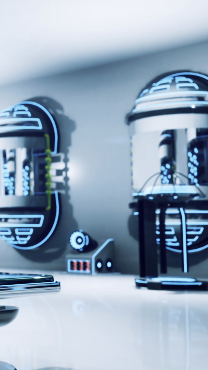 Bright blue lights illuminate cutting edge equipment in a modern tech lab