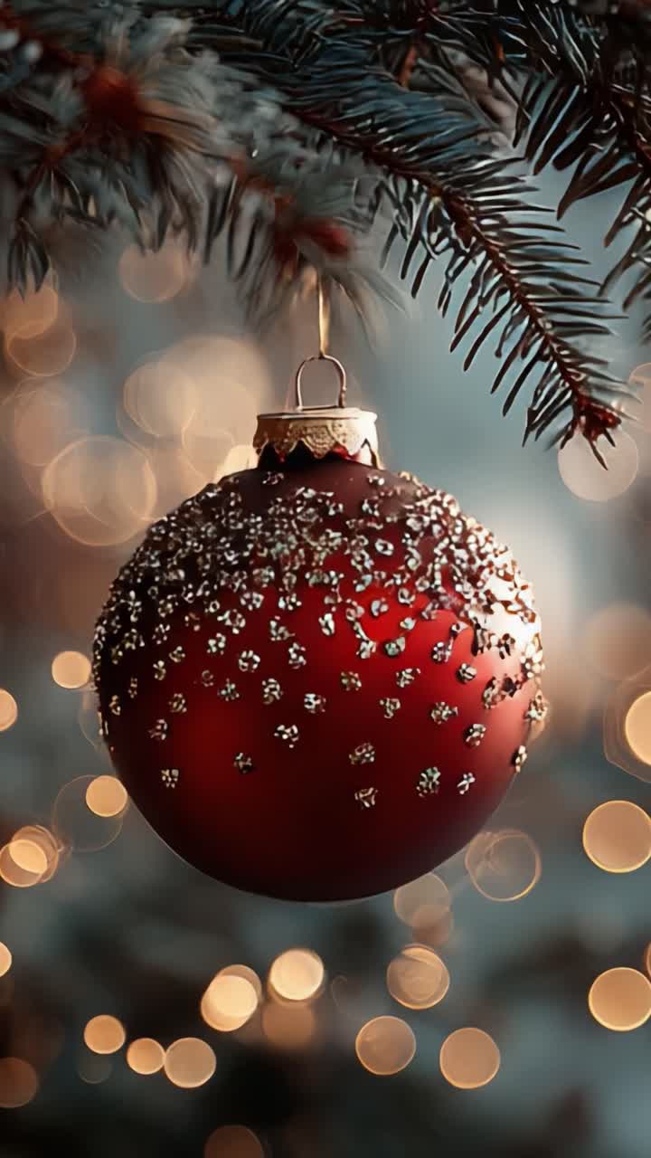 Una vista ravvicinata di una decorazione natalizia rossa splendidamente ornata, appesa delicatamente a un ramo sempreverde, che brilla dolcemente su uno sfondo di luci festive scintillanti