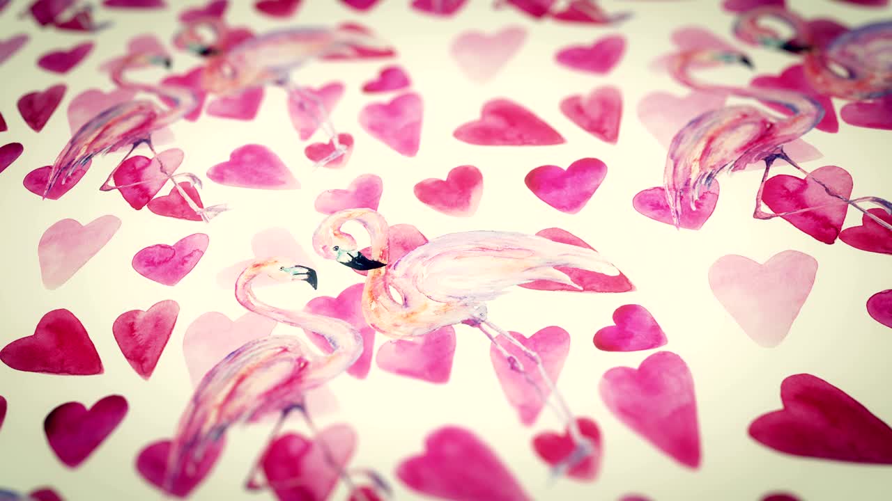 абстрактный фон с вручную нарисованными акварельными фламинго и сердцами. беспрепятственный цикл 4k кадров.