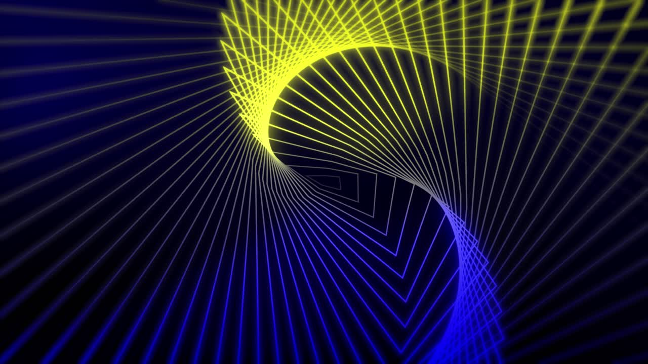 Swirling wave warp shape neon glowing lines geometric pattern design 3D animation on dark gradient background dynamic abstract portal illusion yellow blue