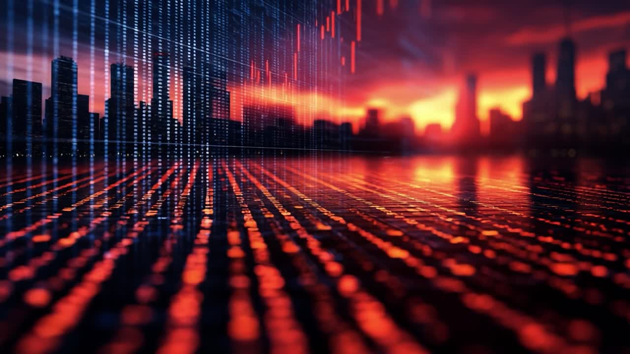 Futuristic Cityscape with Data Visualization at Sunset