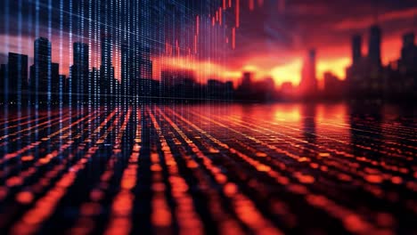 futuristic cityscape with data visualization at sunset