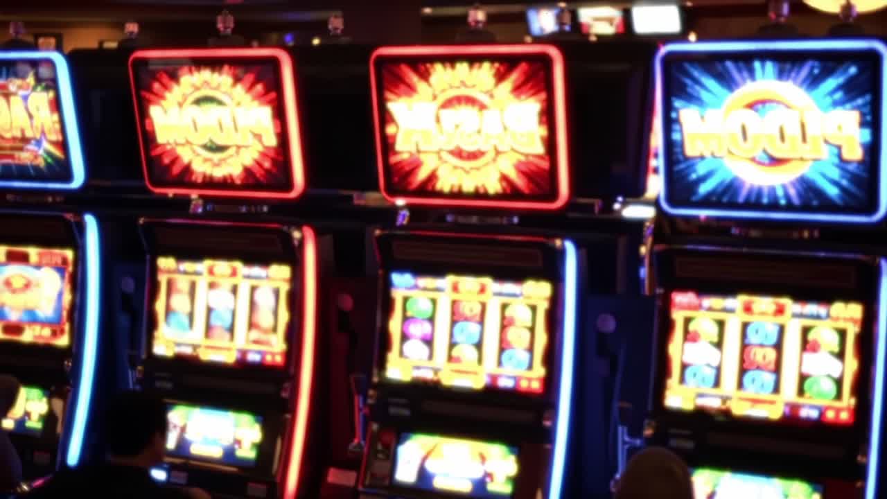 A Vibrant Display of Slot Machines in a Casino: Illuminated and Colorful Themes Captivate Players Seeking Excitement and Entertainment in Gaming