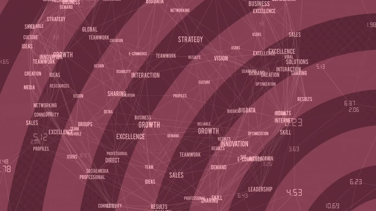 Animation of business text with network of connections with red stripes in background