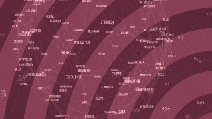 Animation of business text with network of connections with red stripes in background