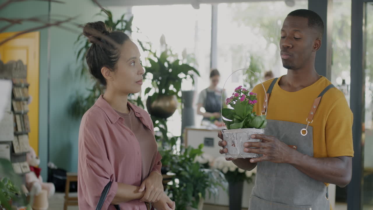 Customer interacting with a florist about a plant