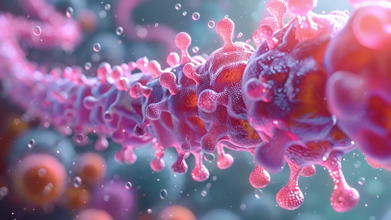 Microscopic View of Viruses or Bacteria in a Chain