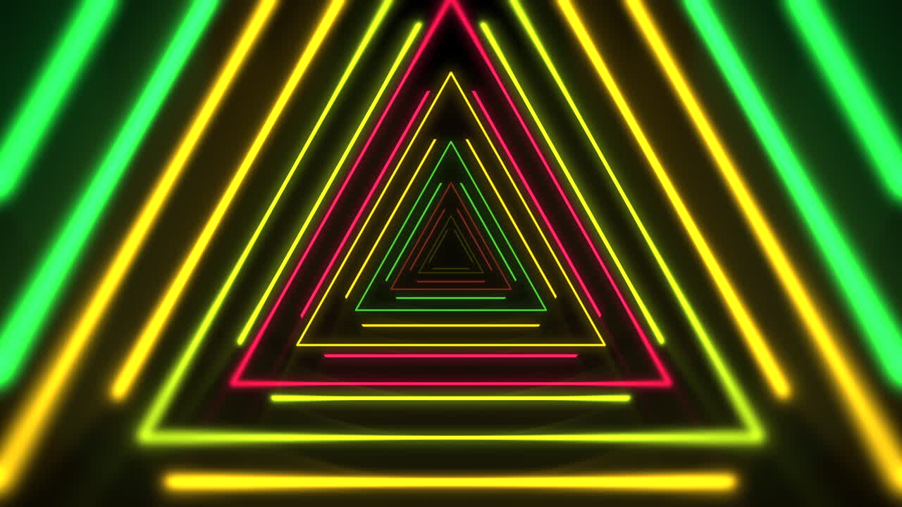 Triangoli geometrici neon arcobaleno in uno spazio scuro