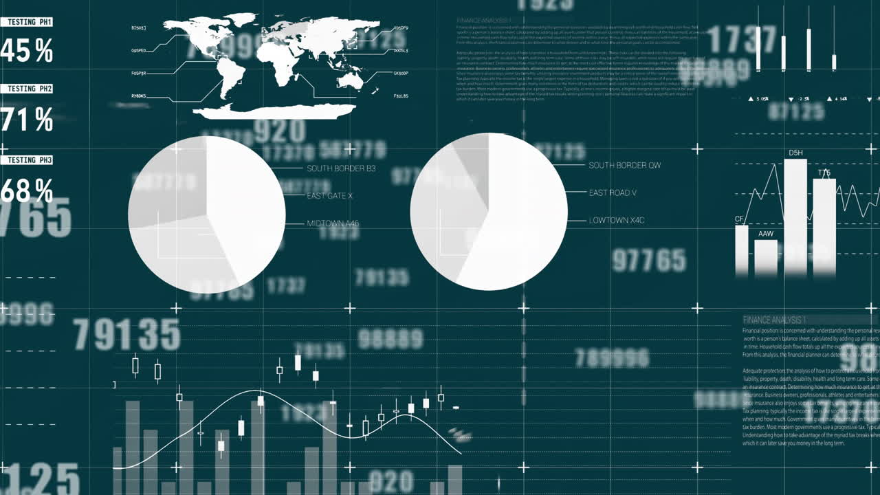 Animation of financial data processing on dark background