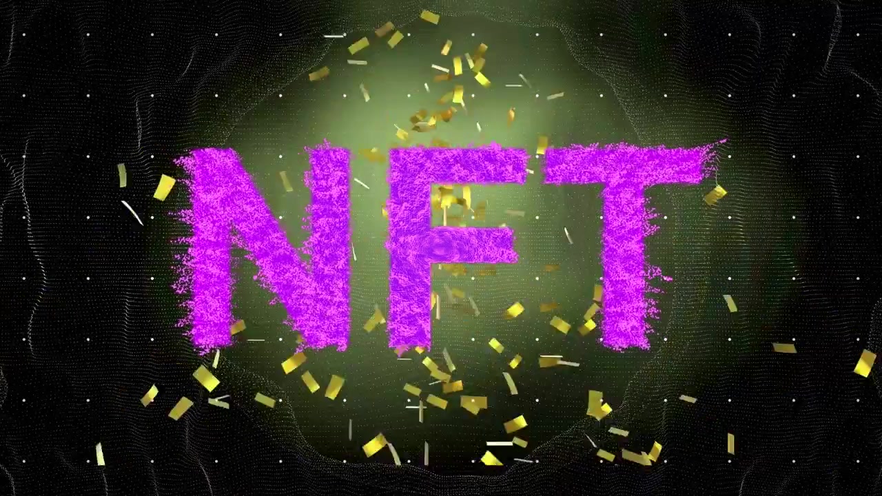 Animazione di testo NFT e coriandoli su sfondo nero