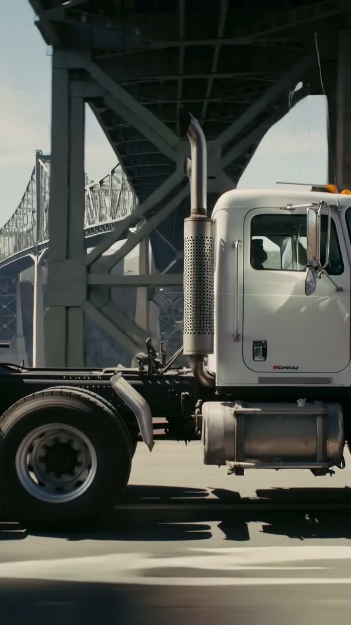 Vertical video: Entering frame, white semi moving along road beside steel truss bridge toward city