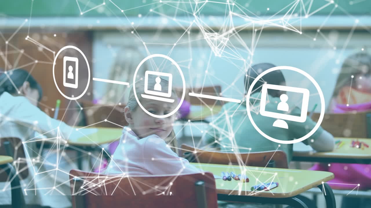 animación de una red de iconos digitales contra el retrato de una niña caucásica estudiando en clase en la escuela