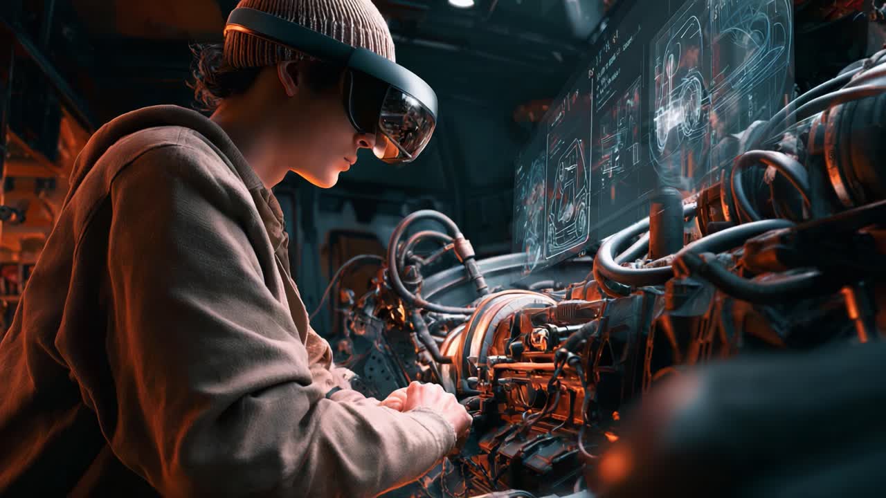 An individual immersed in advanced technology, utilizing augmented reality glasses to interact with intricate machinery and digital schematics in a futuristic environment