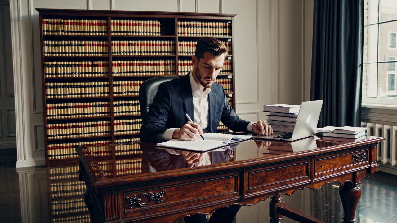 A professional video scene of a man in a suit at a wooden desk, surrounded by law books