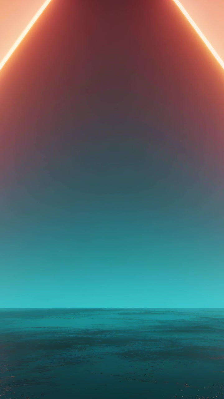 Vertical video: Forming orange neon corridor, lines converging against gradient sky, lighting water