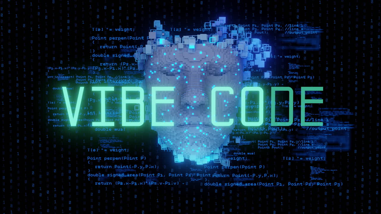 Futuristisch digitaal gezicht gemaakt van 3D-codeblokken met gloeiende VIBE CODE-tekst, symbool voor kunstmatige intelligentie, codeercultuur en mens-machine-integratie in digitale evolutie