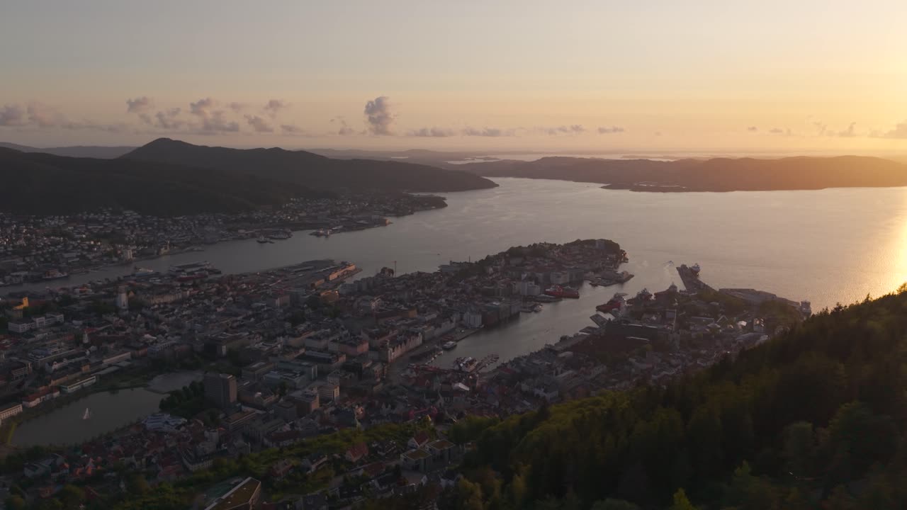 Famous Large City Of Bergen At Sunset On The West Coast Of Norway. Aerial Shot