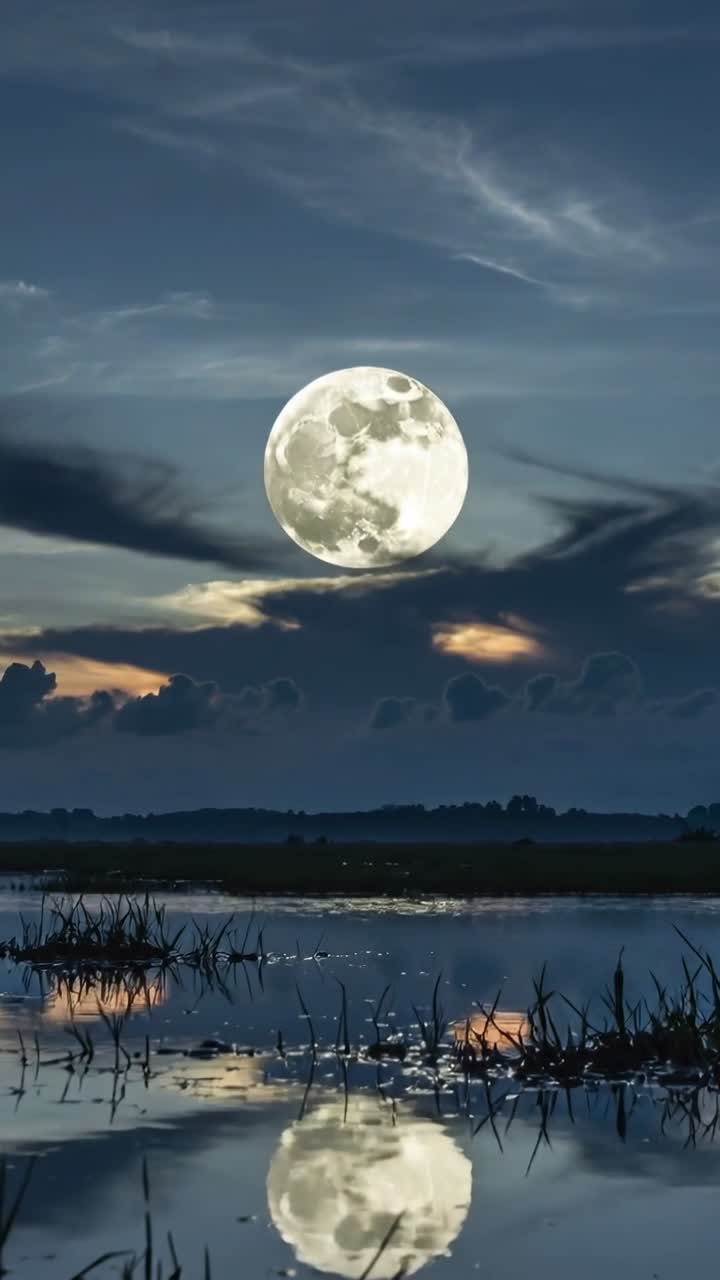 Vídeo vertical: Banco de nuvens flutuante revelando lua cheia nascendo sobre um lago pantanoso, refletindo ondulações