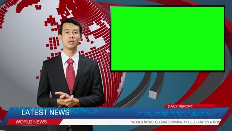 live news studio with asian male anchor reporting on a story, uses green chroma key screen placeholder copy space.television newsroom channel with professional presenter