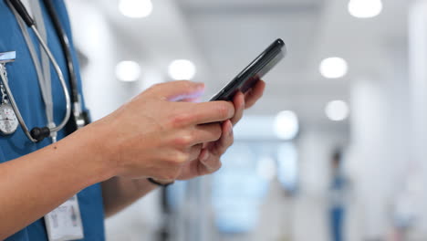 Hands,-phone-and-medical-with-a-nurse-scrolling