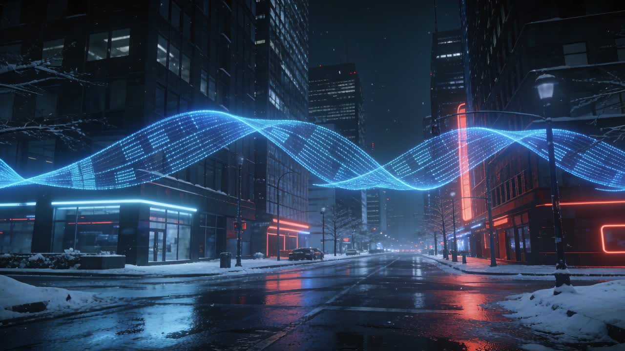 Appearing from left blue hologram ribbon sliding and looping across wet street, reflecting neon