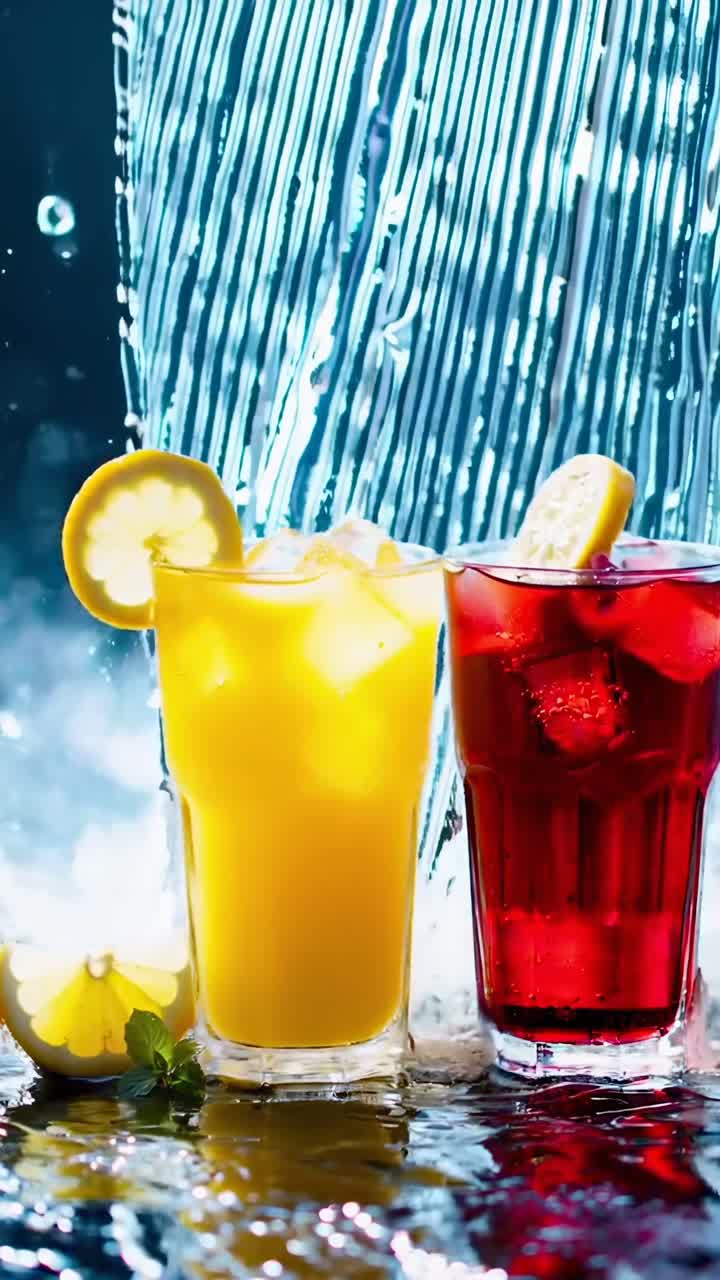 Video vibrante de dos bebidas refrescantes con rodajas de limón, capturado desde un ángulo bajo.