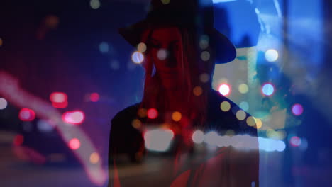 woman wearing hat posing on night street, featuring moving bokeh orbs and headlights for marketing
