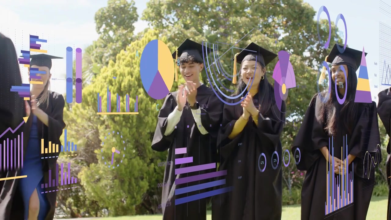 Grads celebrating on lawn after peer entering rolled diploma raising arms, grad charts overlaying
